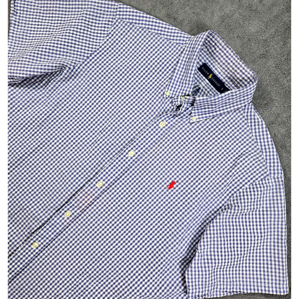 Ralph Lauren Button Down Shirt Mens L Purple/Blue Gingham Short Sleeve Pony